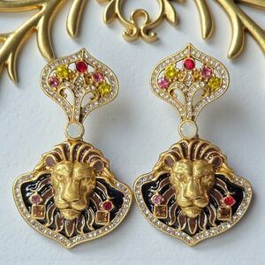 Royal Regal Gold Lion Head Jeweled Crystal Dangle Earrings